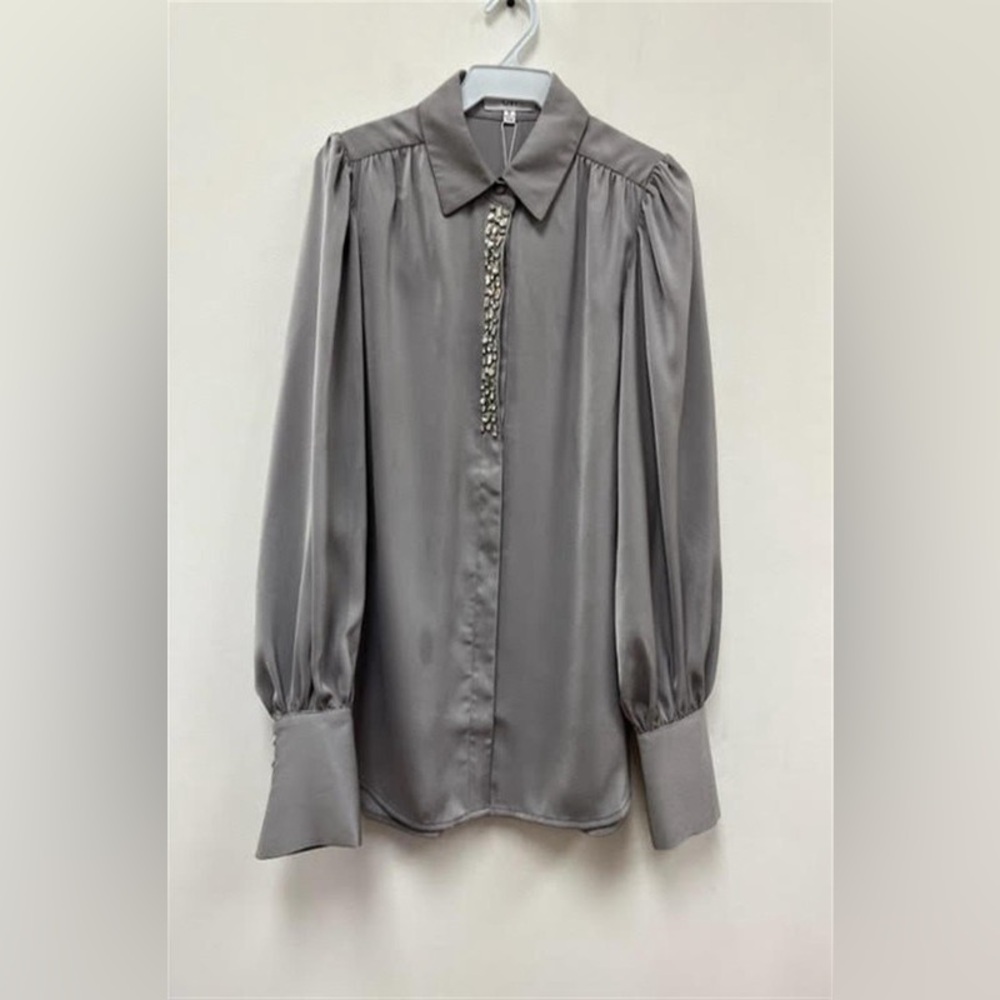 NWOT Satin Jeweled Shirt in Silver